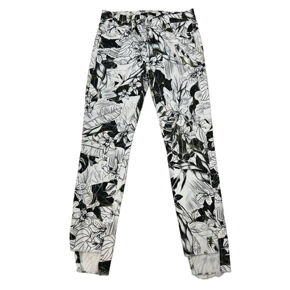 7 For All Mankind Floral Print Skinny Cropped Jeans Raw Cuff Size 26 Waist - Picture 1 of 9